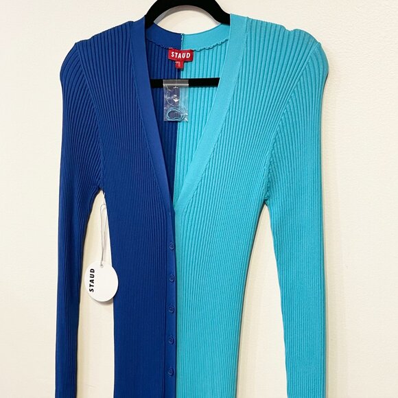 New Staud Shoko Colorblock Ribbed Bodycon Dress Blue Aqua Small $195 - Picture 4 of 8